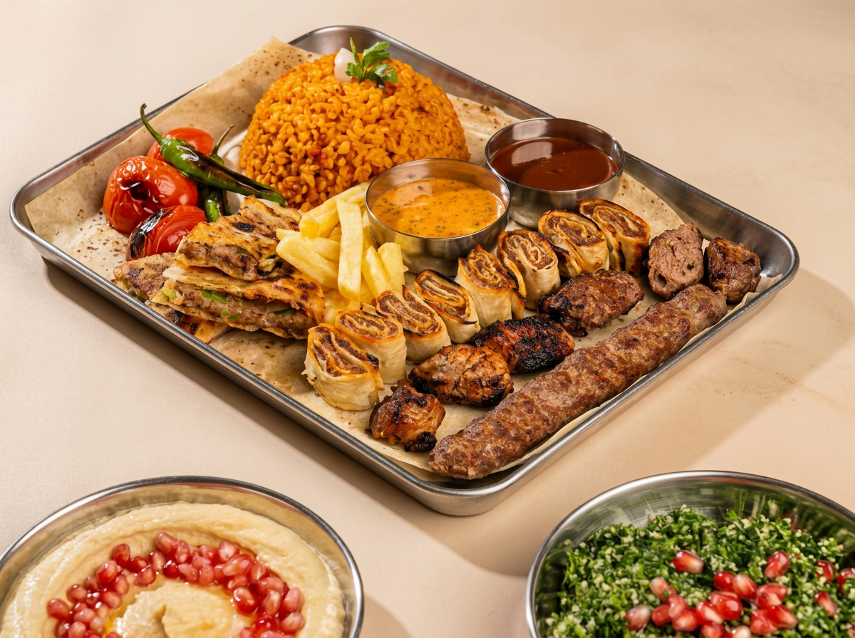صينية مشاوي مشكل لحوم مع الرز والمقبلات في كباب آزاد